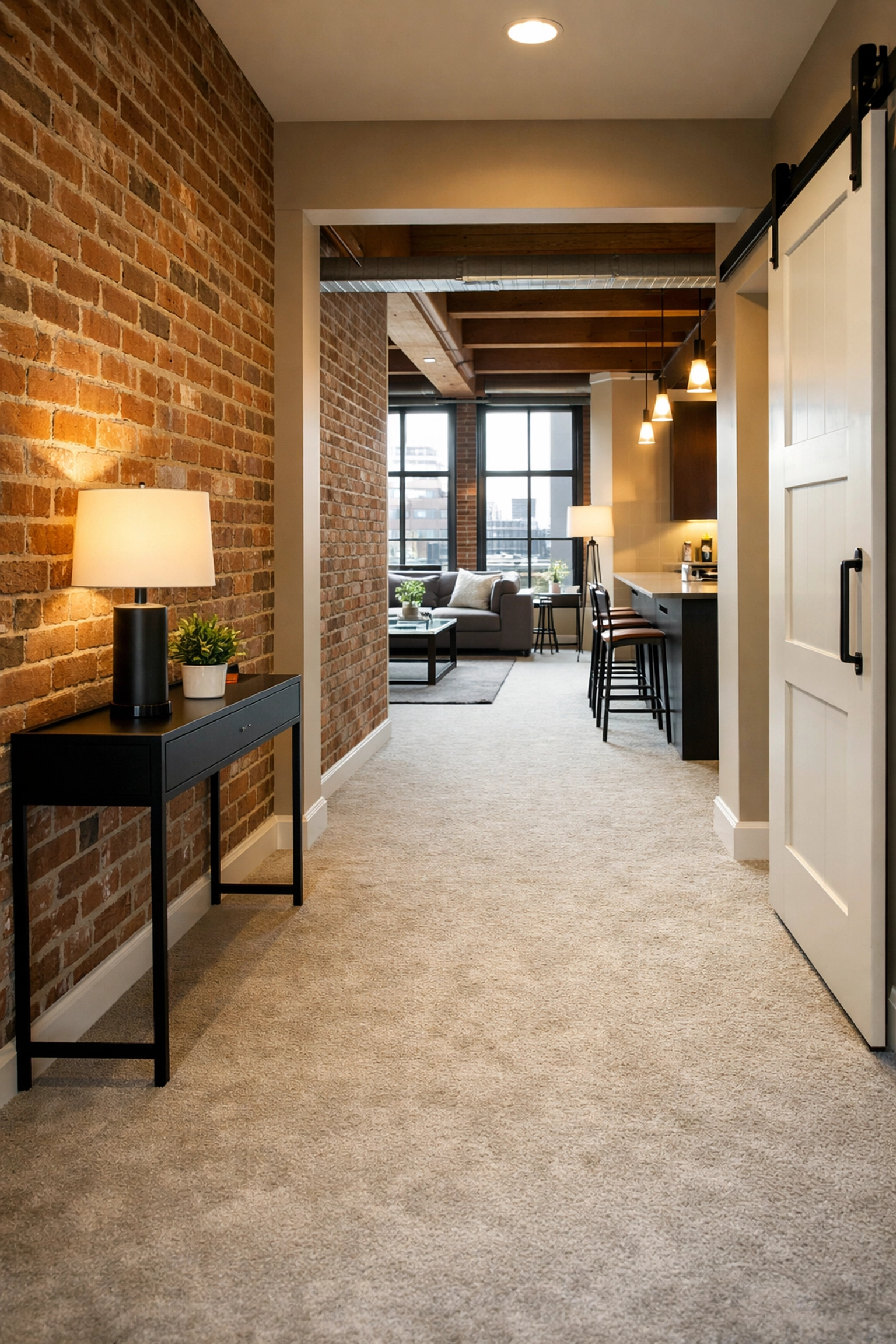 Market-ready luxury loft in Detroit featuring clean brick walls and freshly vacuumed carpets.