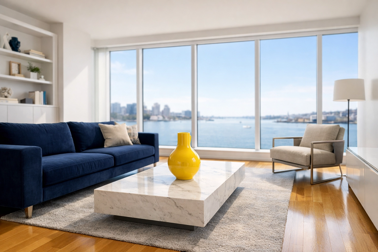 Sun-drenched modern living room in Boston with clean hardwood floors by house cleaning services MA.