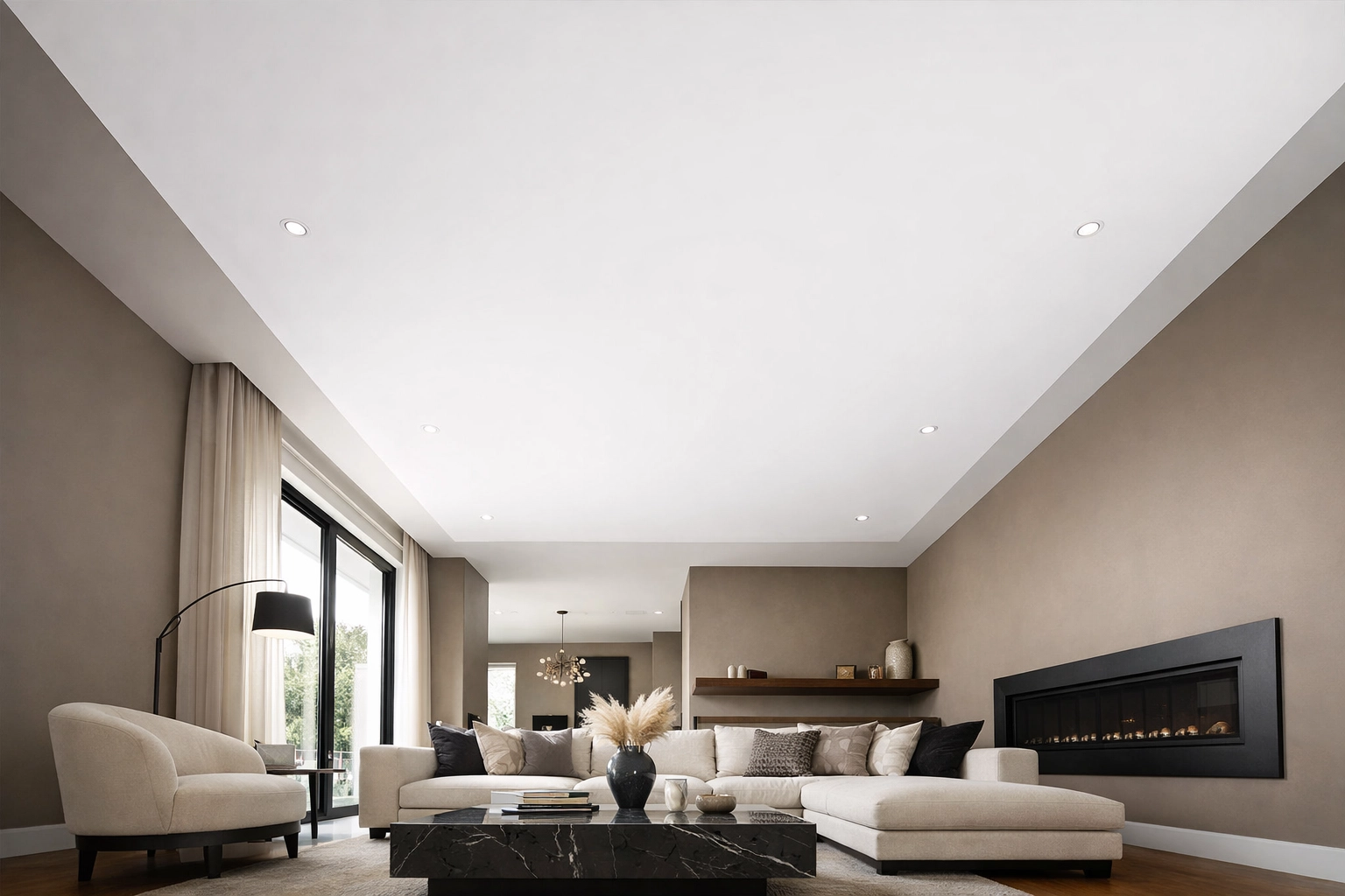 A luxury Orlando living room showcasing professional interior painting on walls and the ceiling.