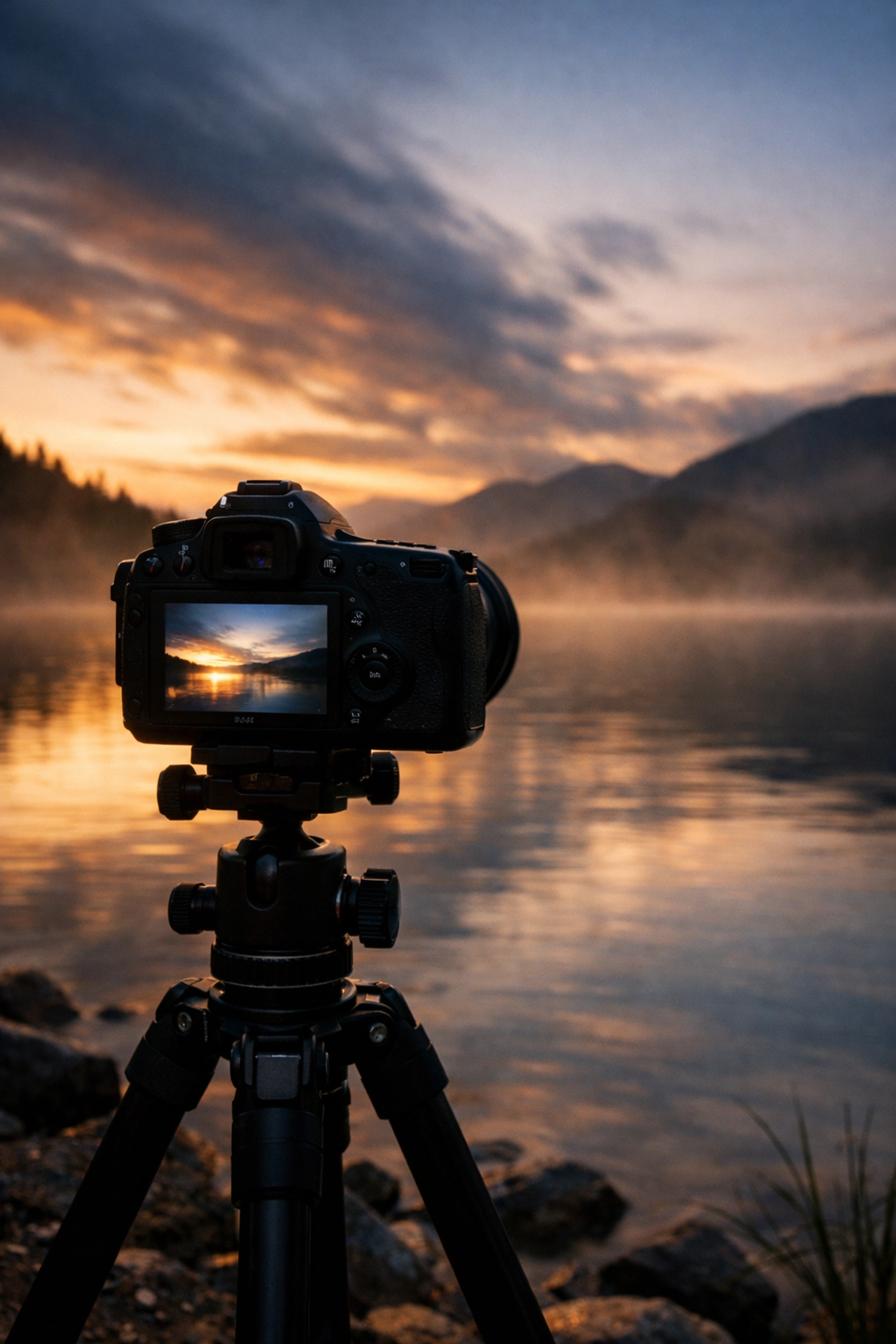 Camera on tripod capturing long exposure fine art photography at misty lake during golden hour