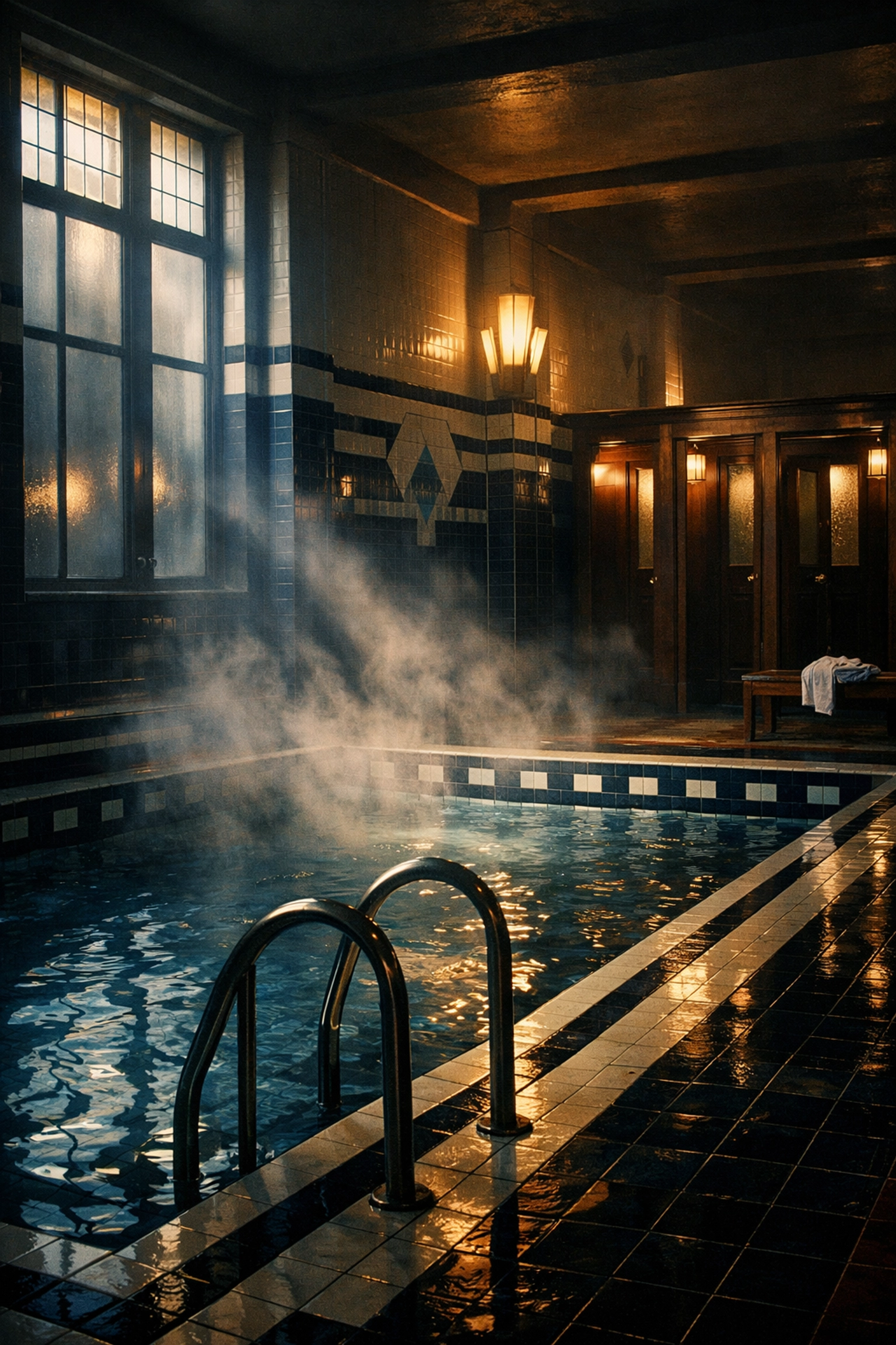 1980s British swimming pool interior from Hollinghurst's gay fiction classic The Swimming-Pool Library