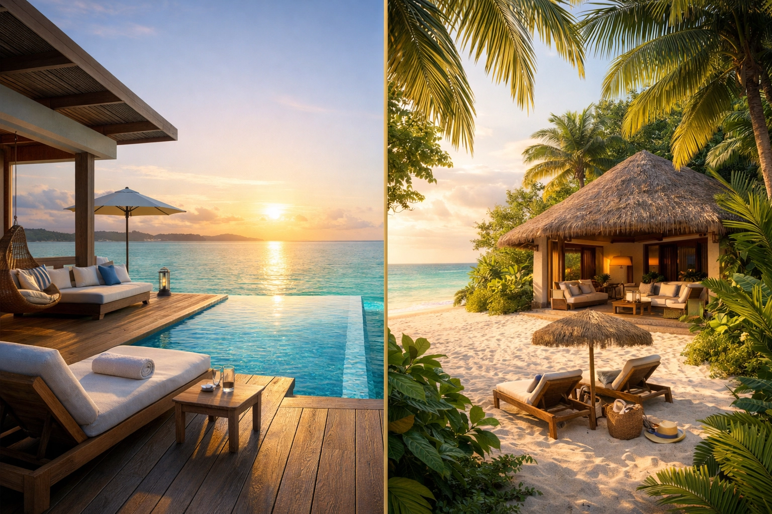 Comparison of a luxury overwater villa with infinity pool and a private beachfront villa in the Maldives.