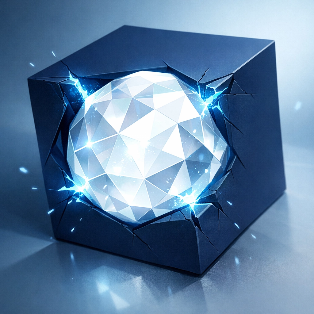 A glowing sphere constrained by a rigid box, illustrating the friction of off-the-shelf software for scaling.