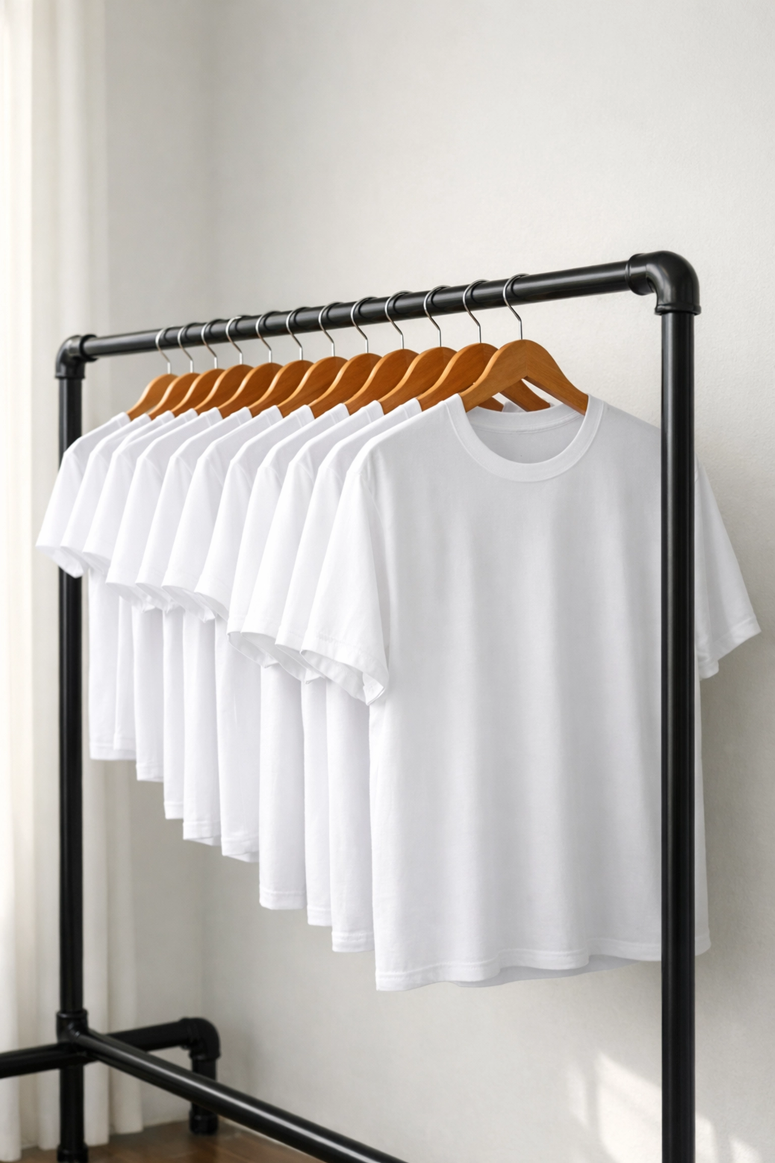 A garment rack featuring a full range of custom t-shirt sizes from small to 4XL for corporate teams.