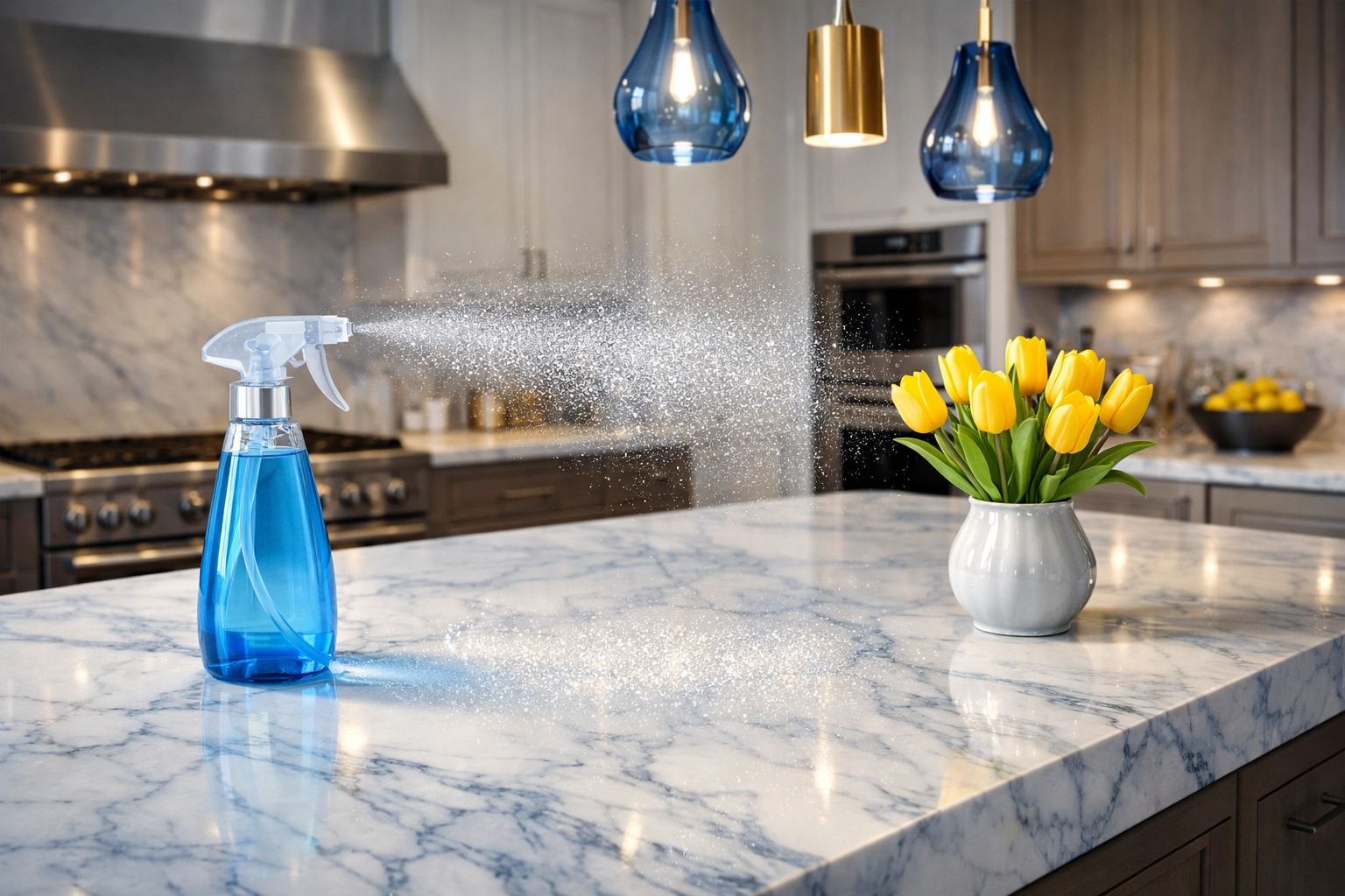 Eco-friendly cleaning spray on a luxury marble kitchen island in a Westwood home for guest-ready perfection.