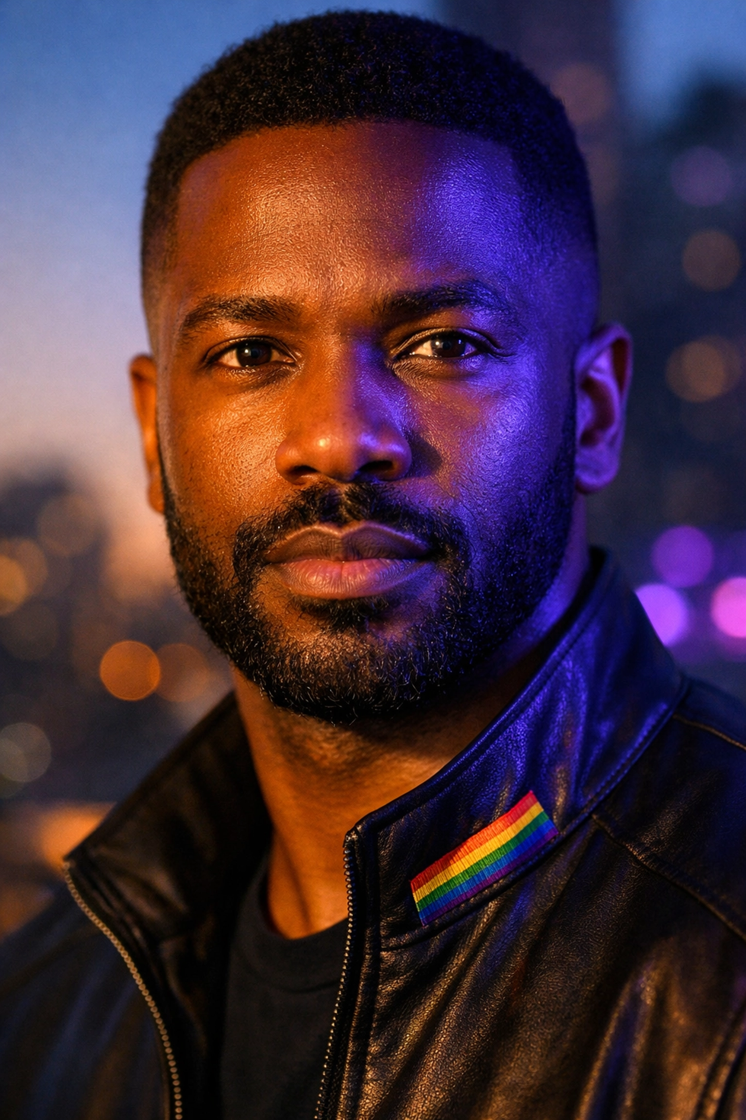 A Black gay man looking reflective with subtle rainbow pride embroidery, symbolizing intersectional identity and visibility.