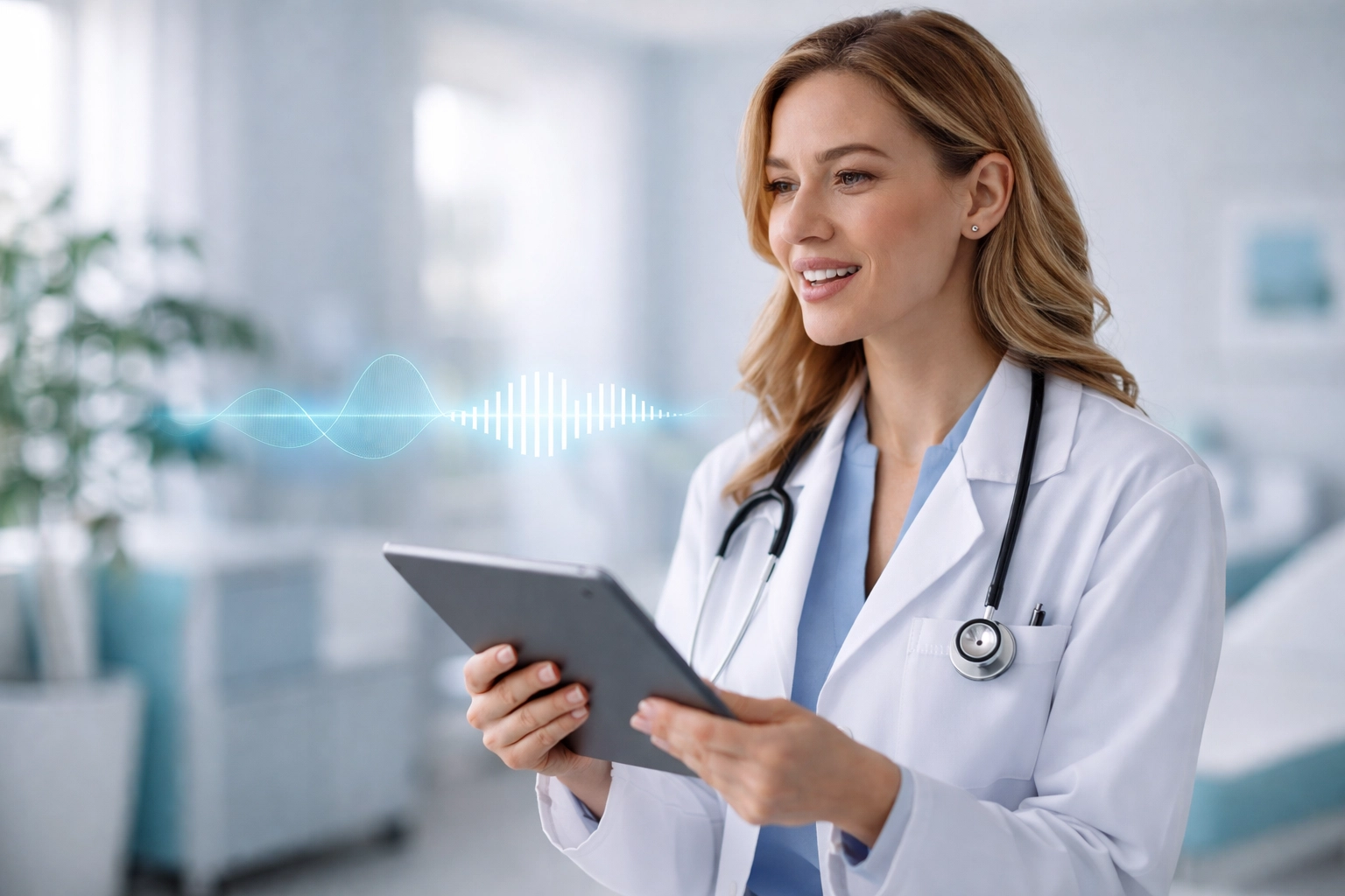 Female doctor dictating patient notes using AI-powered voice recognition software in a modern exam room.