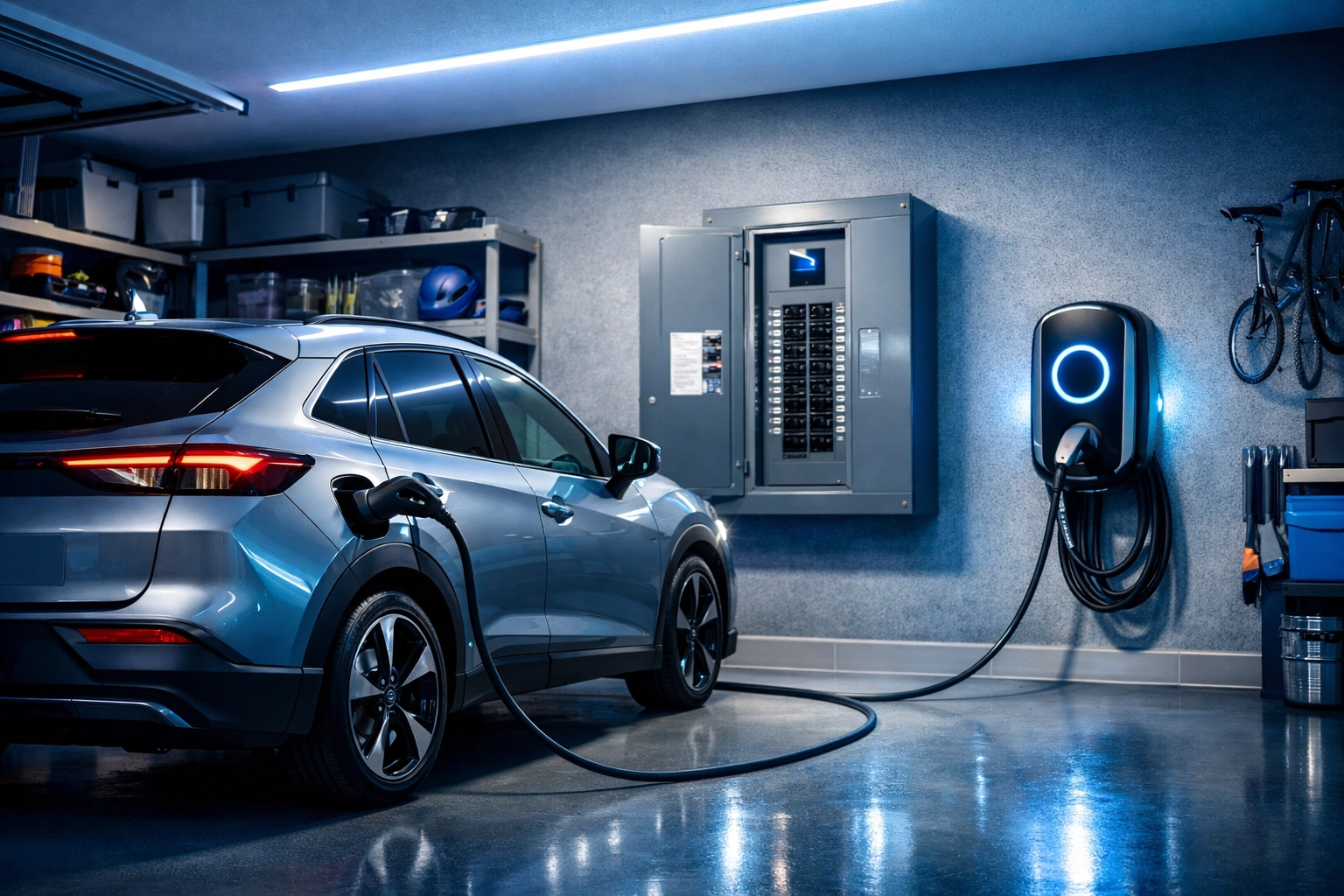 Modern Edmonton garage with a Level 2 EV charger and an upgraded 200-amp electrical panel.