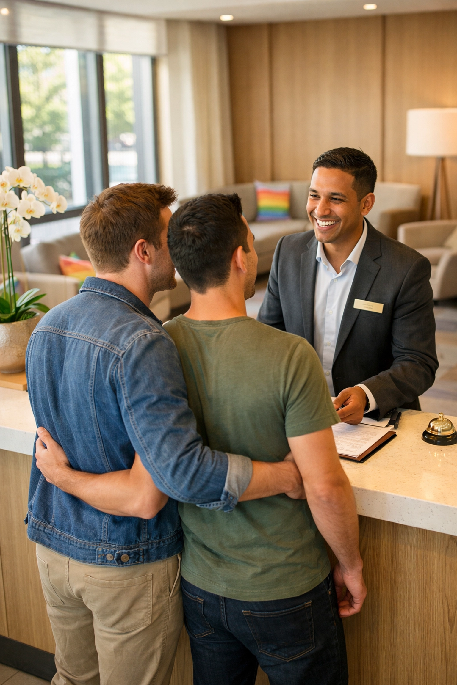 Gay couple receiving welcoming service at inclusive hotel check-in desk