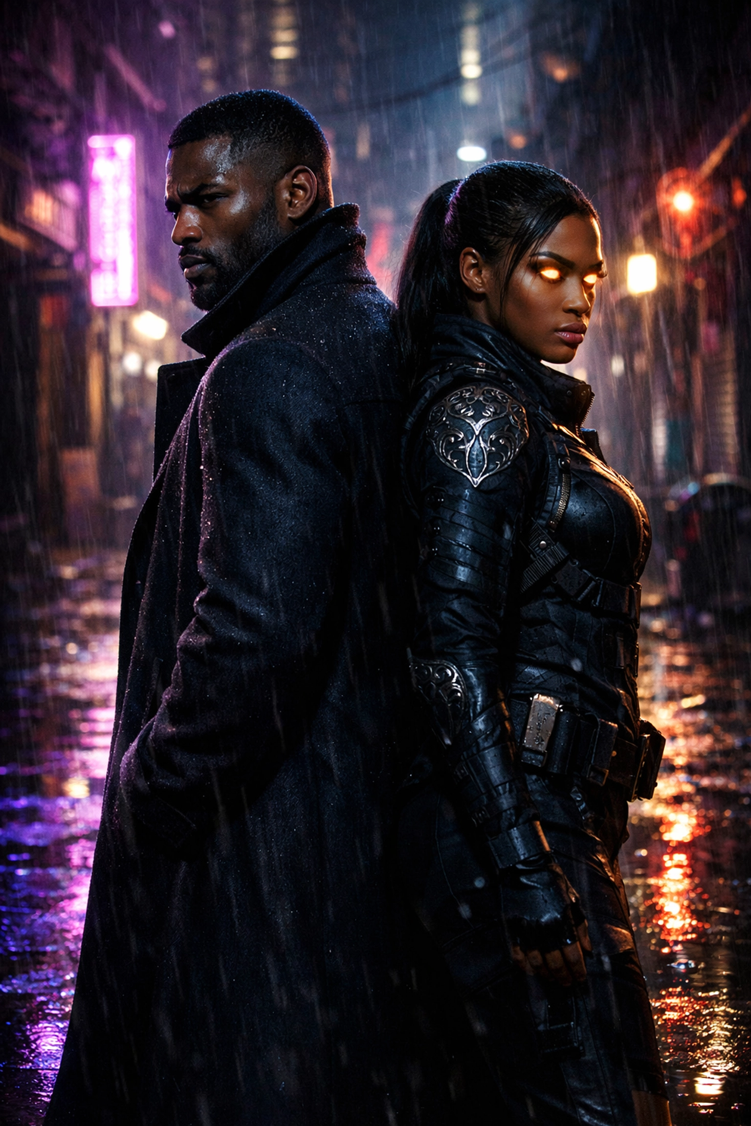 Powerful Black characters in a rainy urban setting from Tigris Eden’s Beauville dark romance universe.