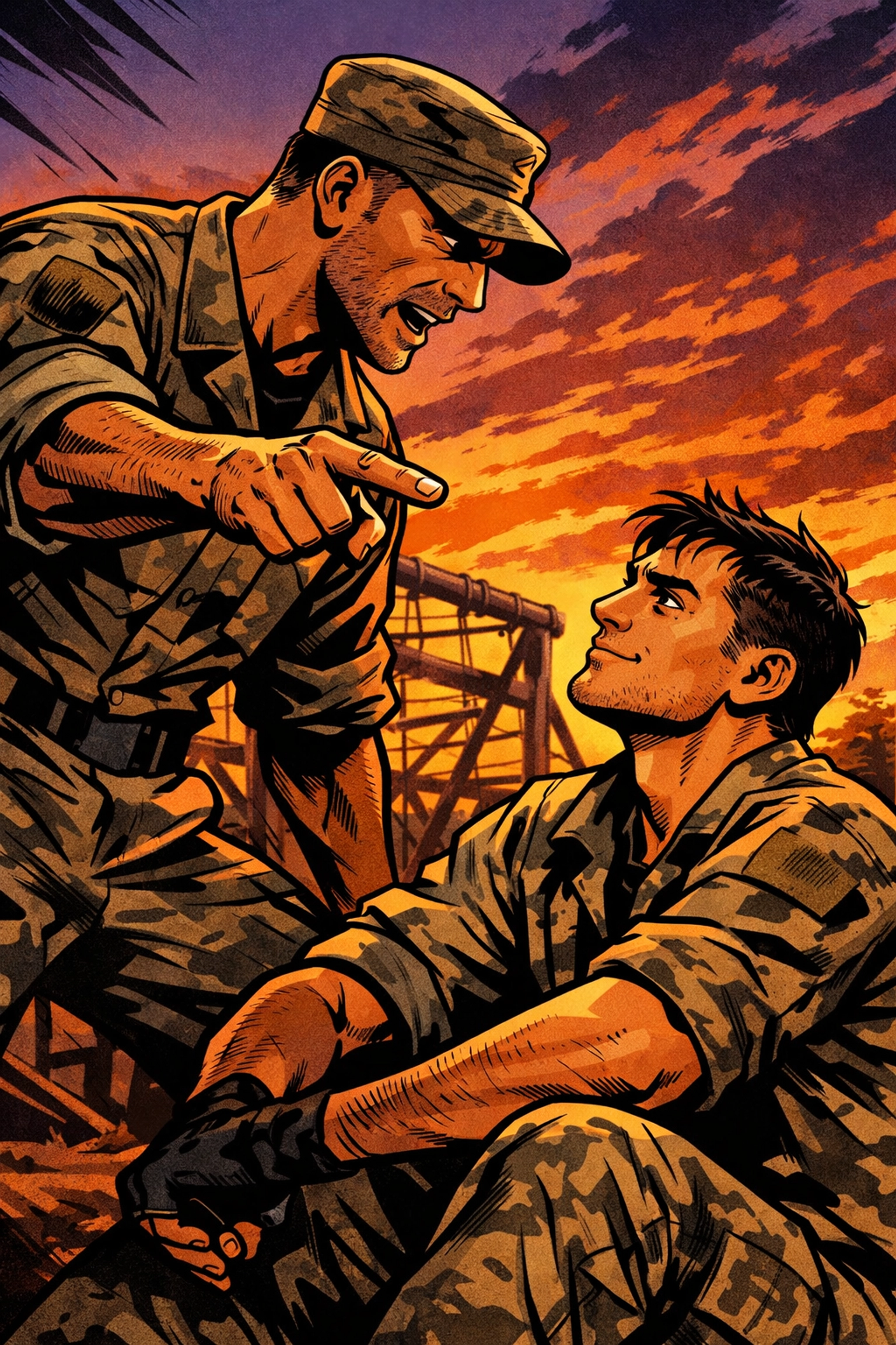 Military training scene between two men - drill sergeant and recruit in MM romance fiction