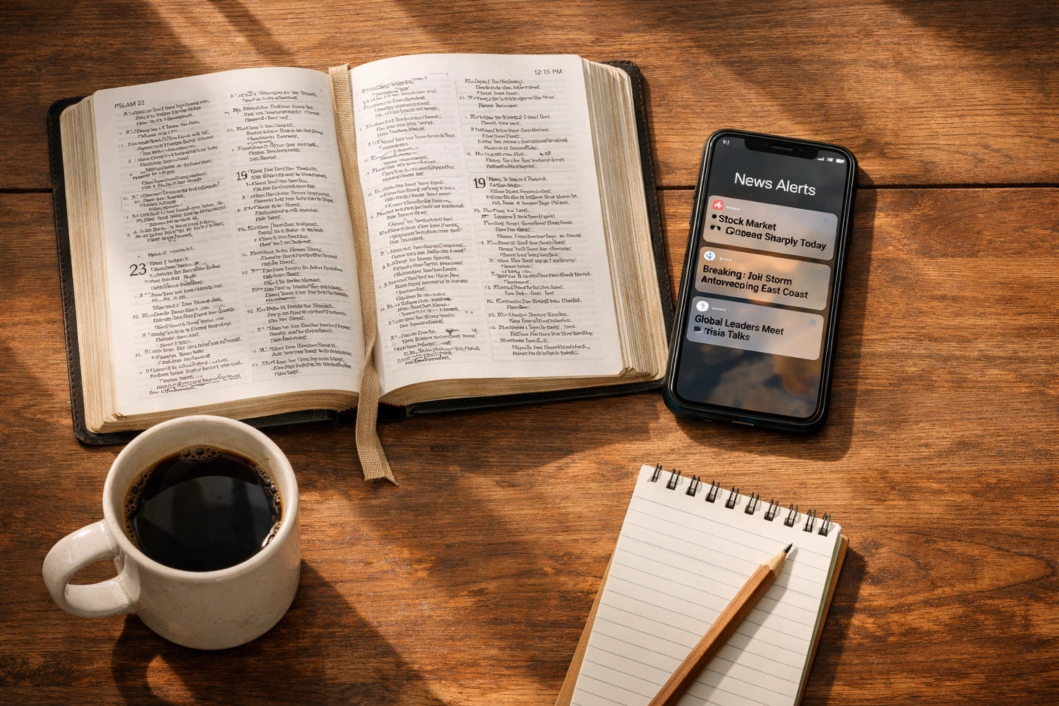 Bible and smartphone on desk during lunch break for midday biblical news reset