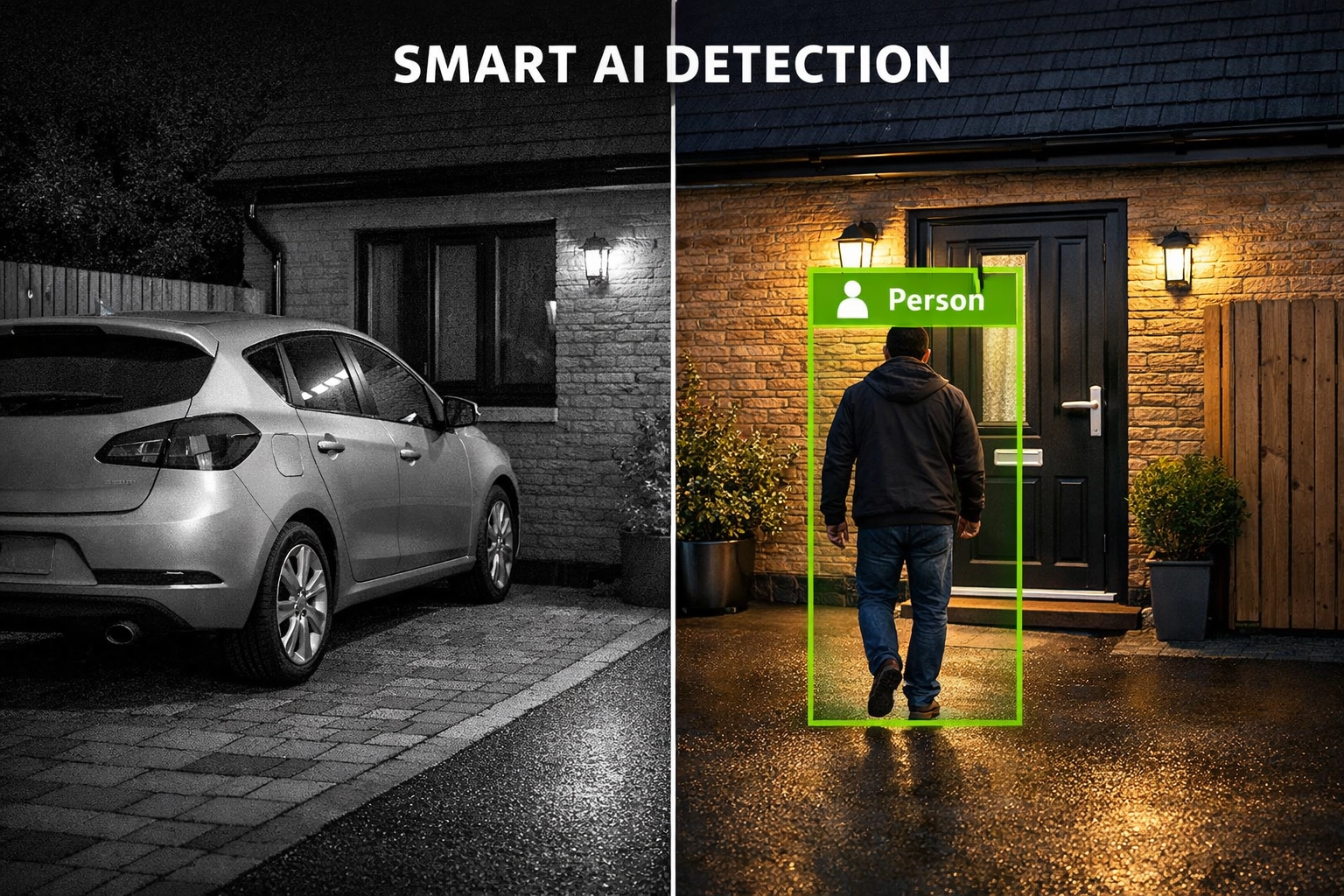 Smart AI person detection on a home CCTV system illustrating high-quality night vision on a UK driveway.