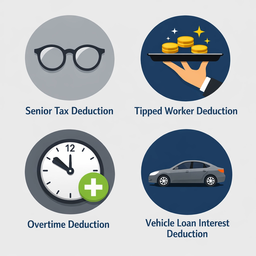 Icons for 2026 tax deductions including senior bonuses, tipped worker relief, and overtime pay.