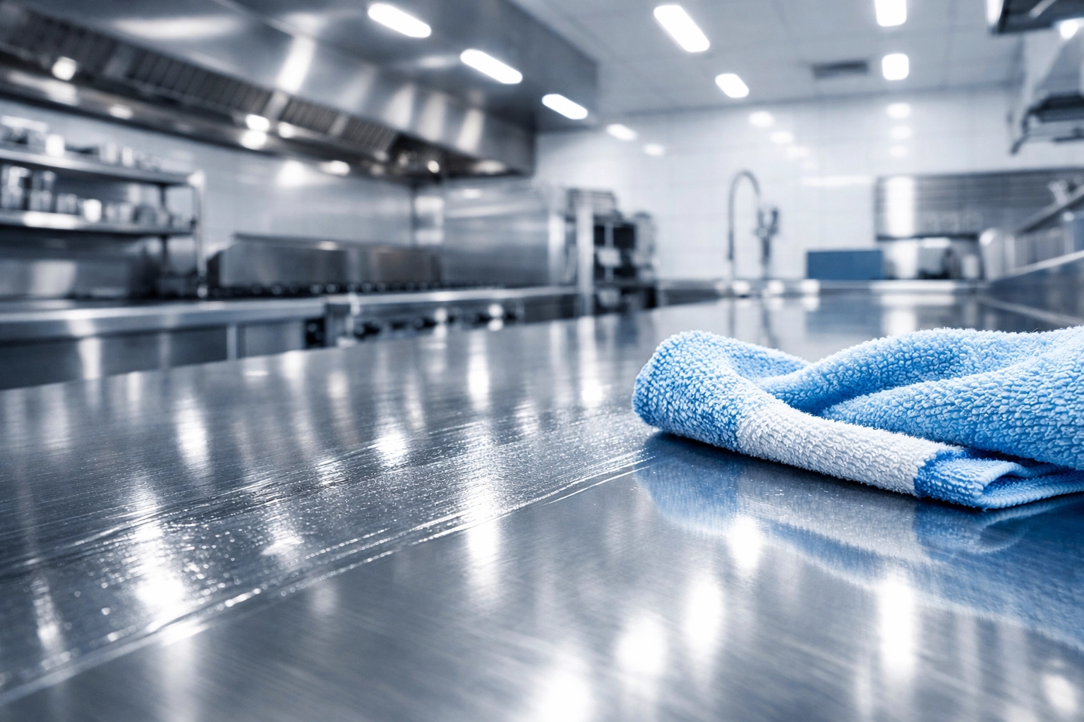 Sanitized stainless steel prep table in a Leominster commercial kitchen illustrating professional restaurant cleaning standards.