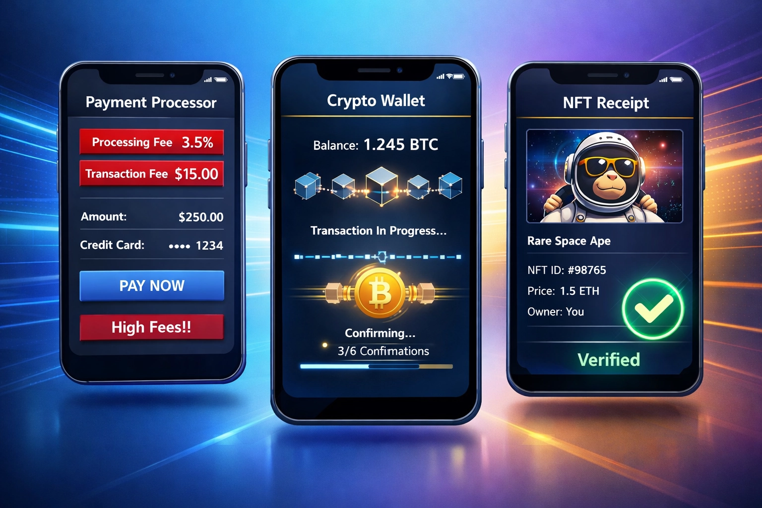 Mobile crypto POS comparison showing NFT receipt verification and blockchain transaction