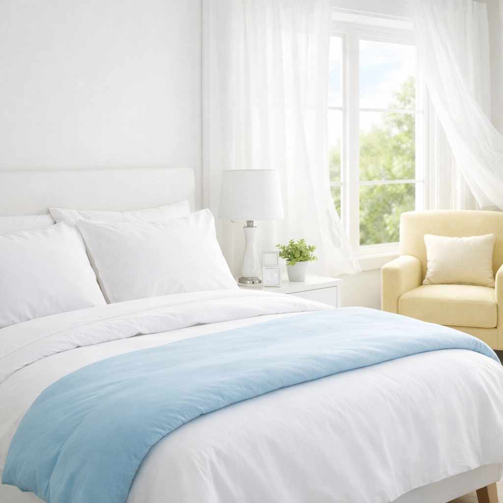Clean, allergen-free bedroom with crisp linens, showing the health impact of regular house cleaning.