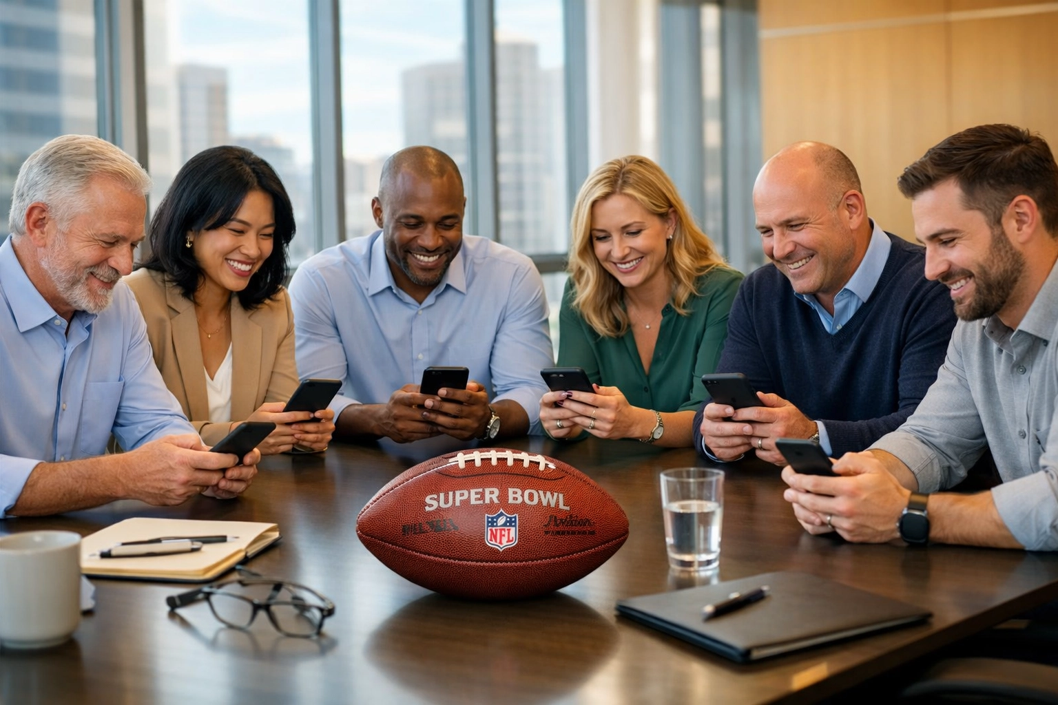 Corporate executives planning Super Bowl social media strategy around conference table with football