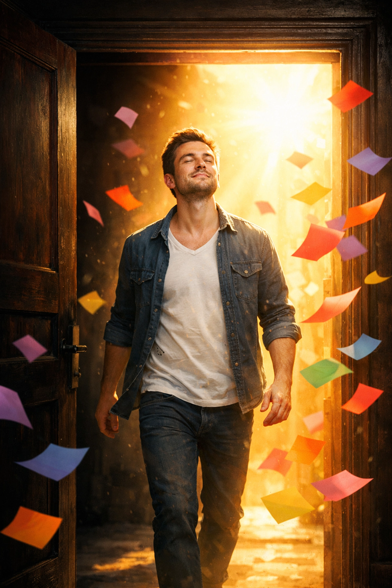A gay man stepping into vibrant light, representing the creative clarity needed to write authentic MM romance books.