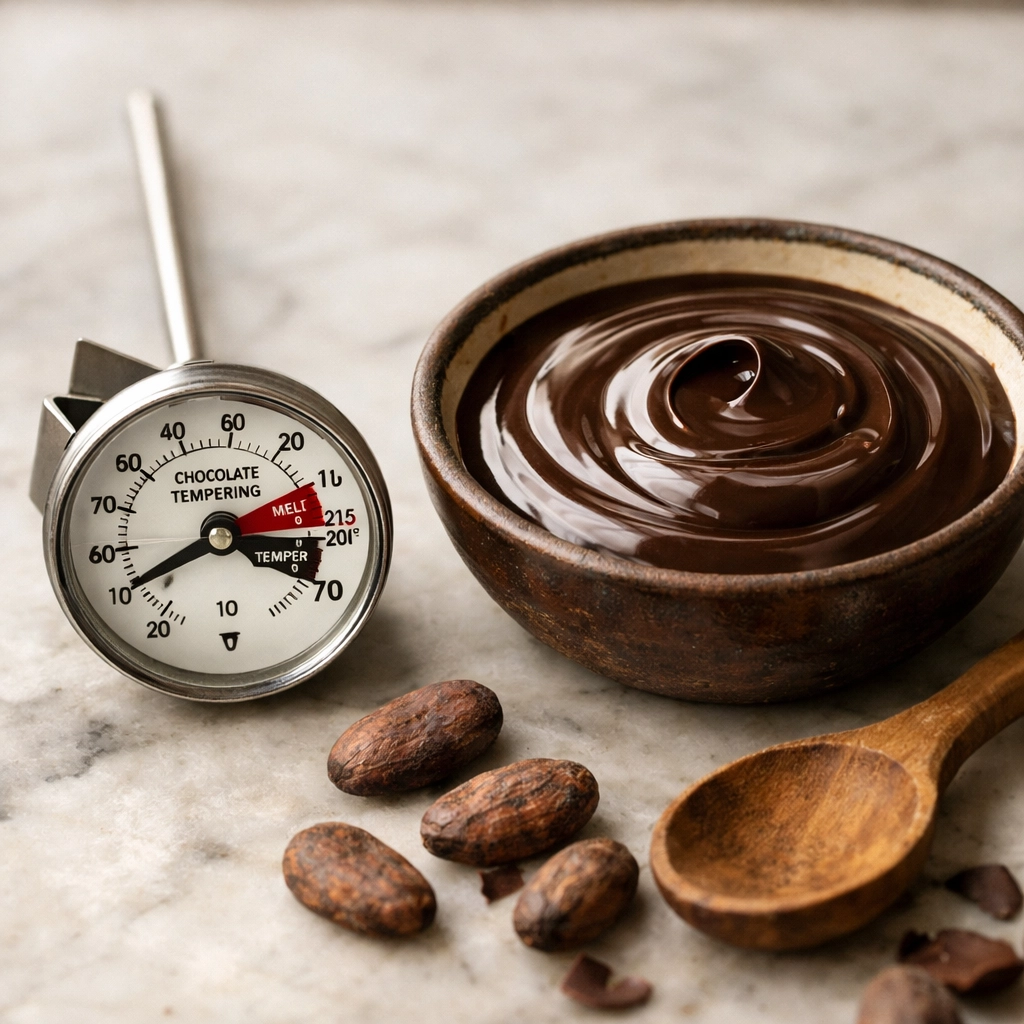 Precision chocolate tempering equipment with thermometer and dark chocolate