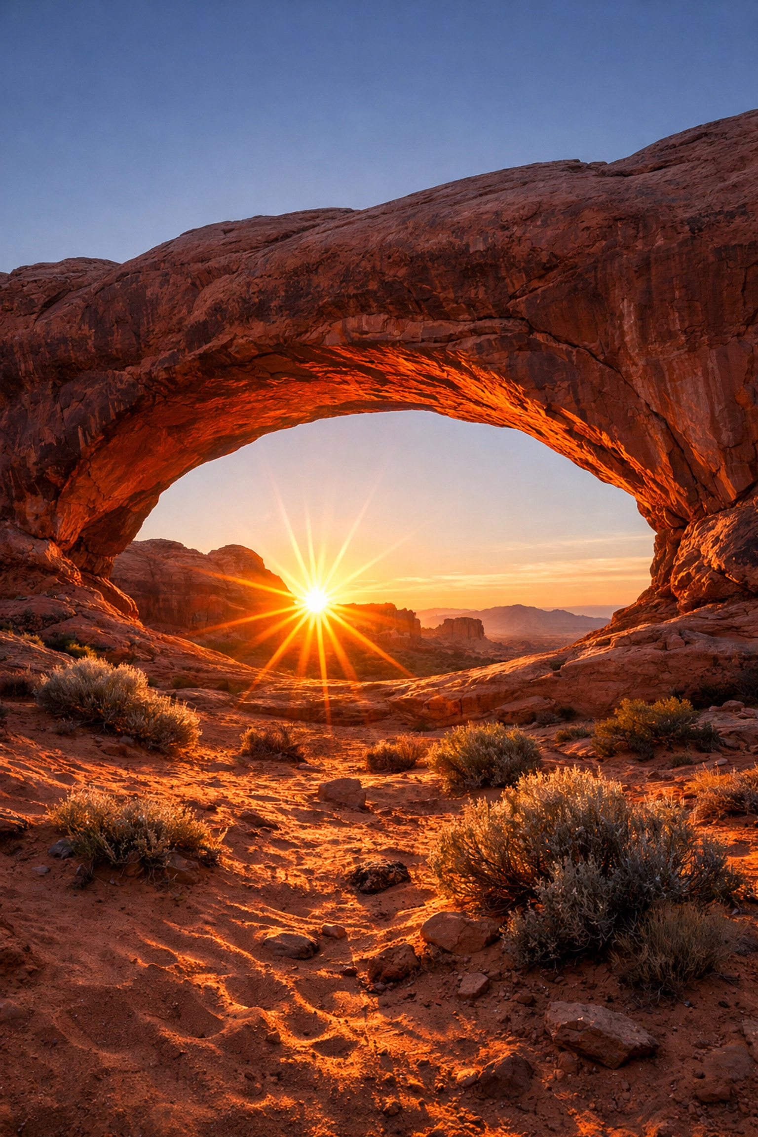 Sunrise at a desert stone arch, highlighting one of the best sunrise spots for park photography.
