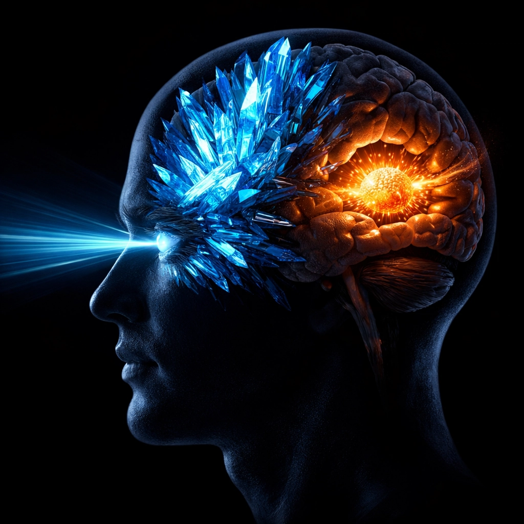 Visualization of blue light wavelengths suppressing melatonin production in the human brain's pineal gland.