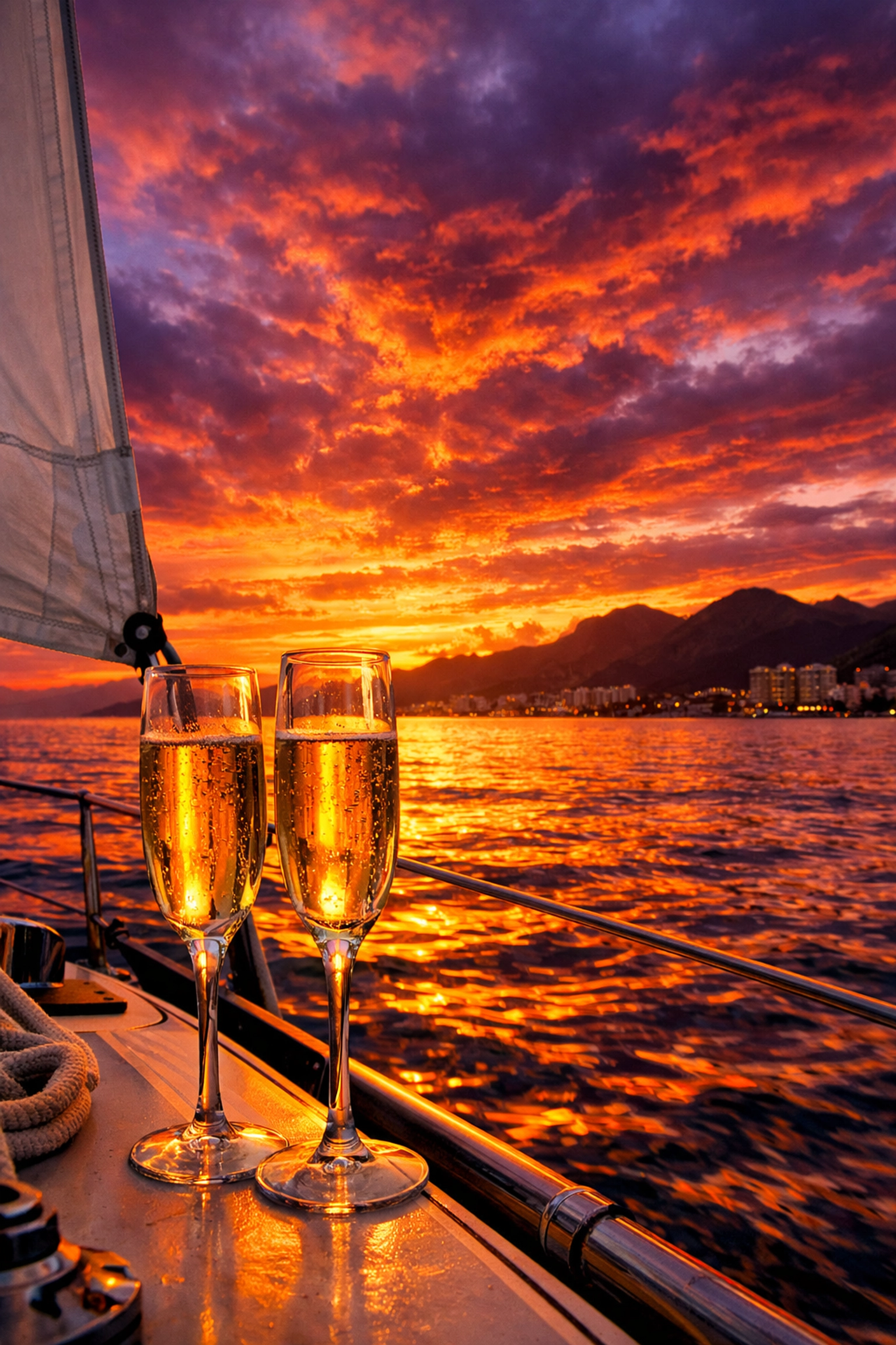 Sunset sailing tour on Banderas Bay with champagne glasses and Puerto Vallarta coastline