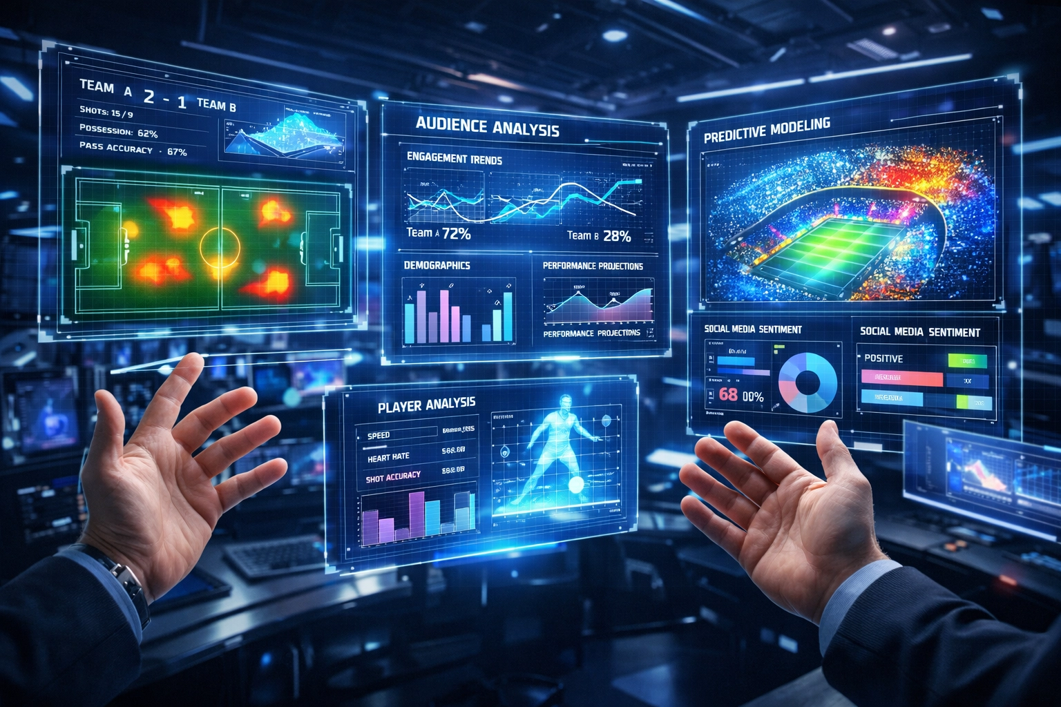 Sports analytics control center displaying predictive modeling charts and audience behavior patterns