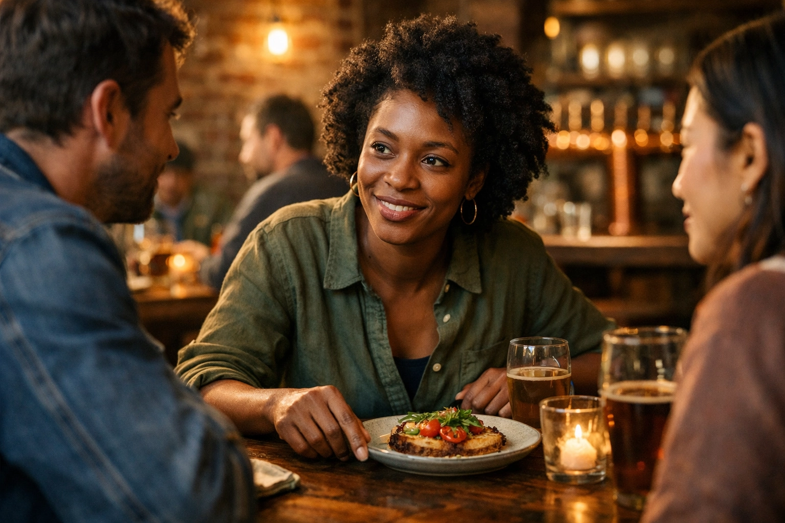 A Black woman enjoys a meal at a San Francisco public house, illustrating the modern third-place hospitality concept.