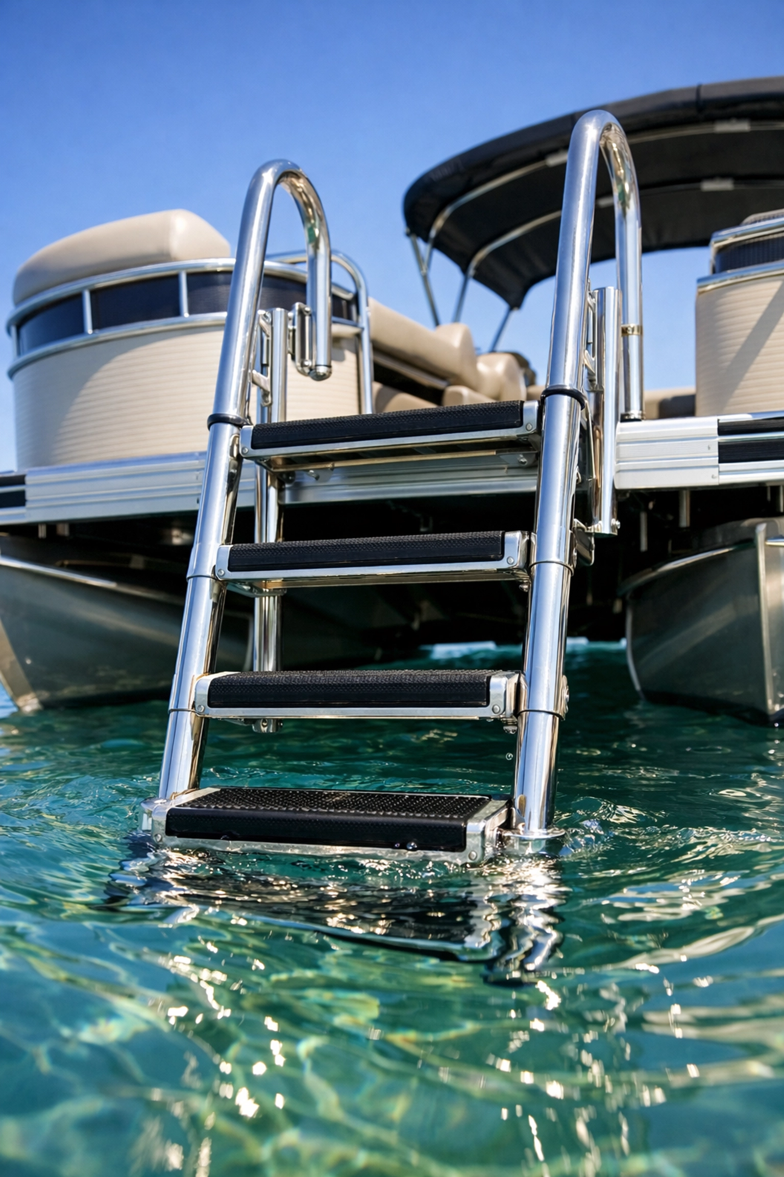 Stainless steel wide-step boarding ladder on a pontoon boat for safe lake water access.