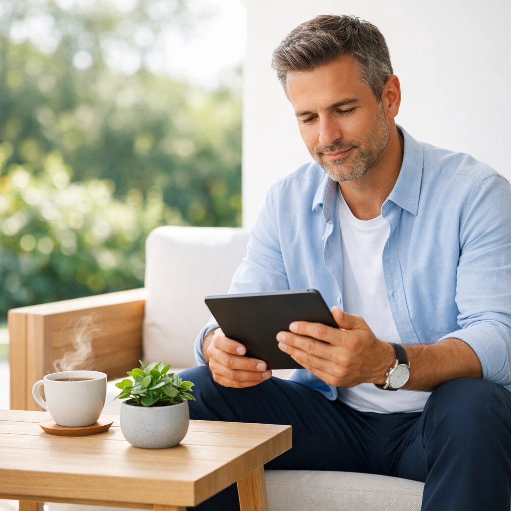 A man comfortably reviewing IUL and life insurance policy options on a tablet for long-term financial security.