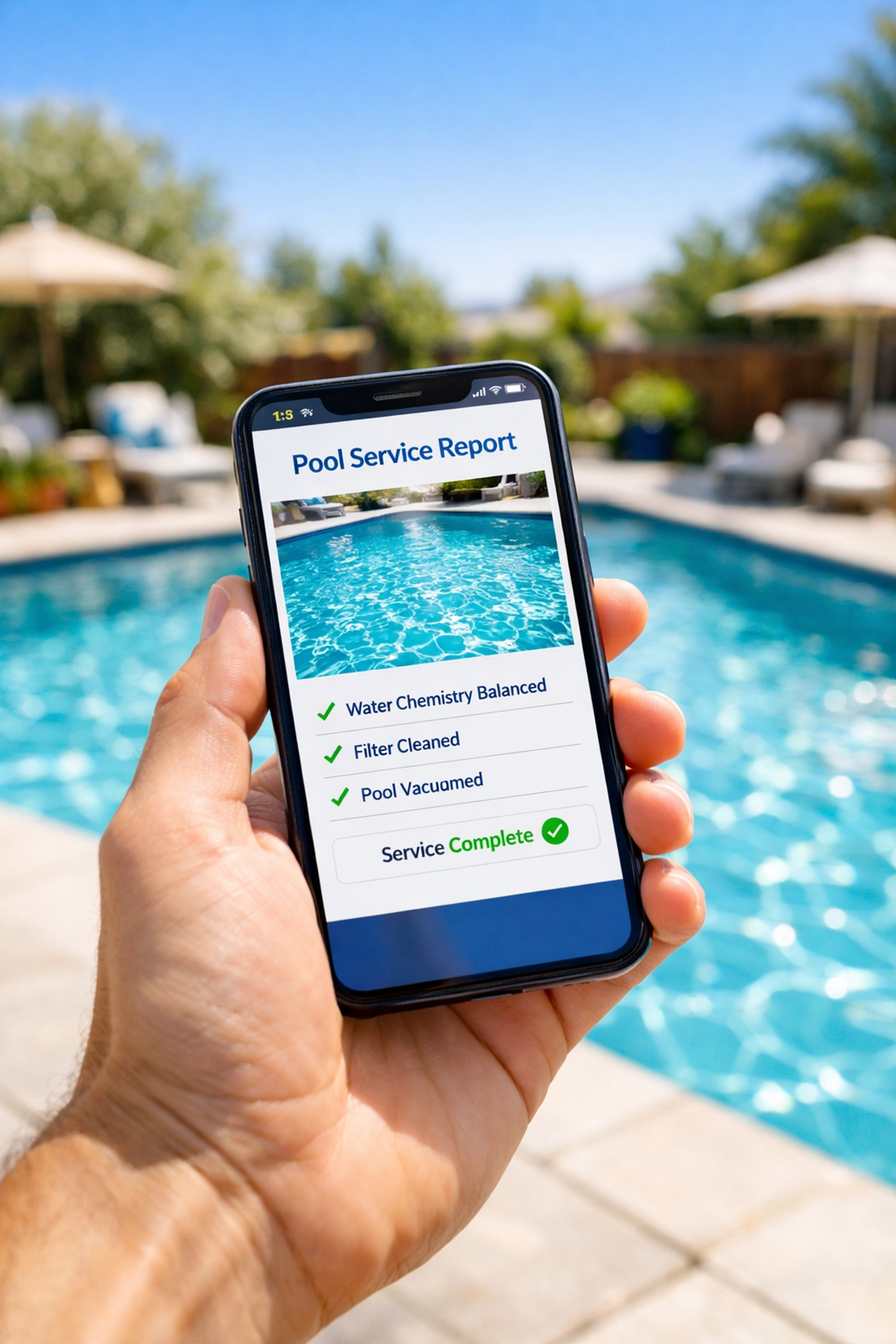 Digital pool service report on a smartphone showing a clear blue swimming pool.