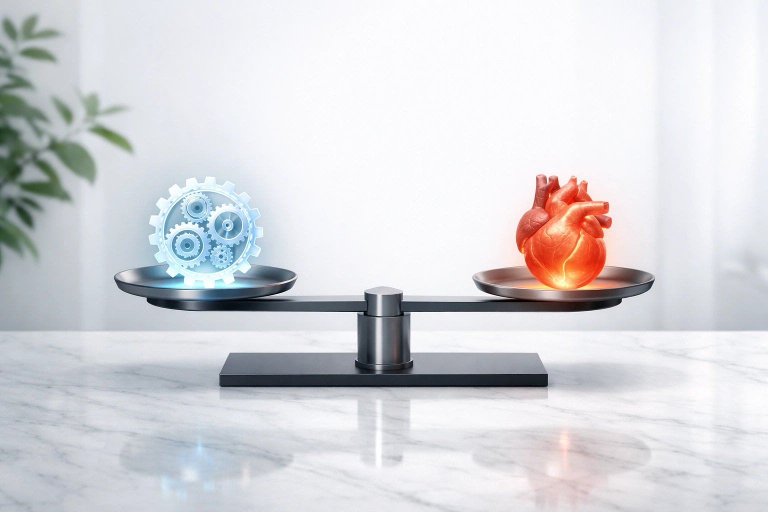 A scale balancing AI automation and human empathy for a better helpdesk customer experience.