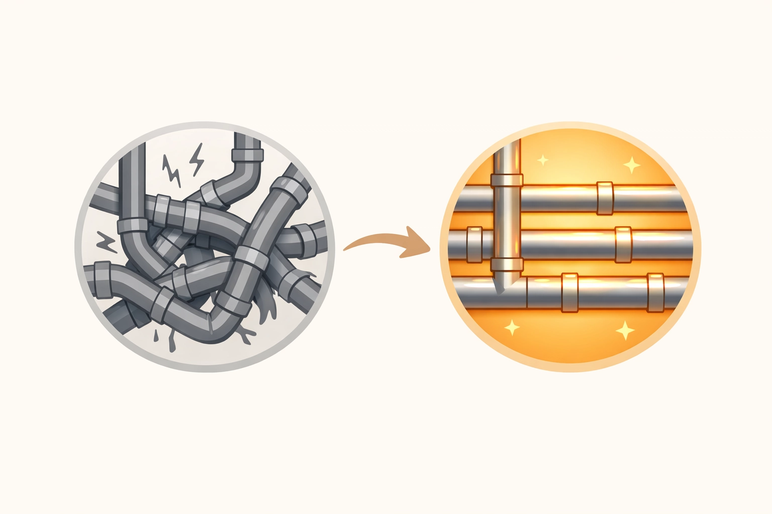 Before and after photo app visualization showing professional pipe repair and construction documentation.