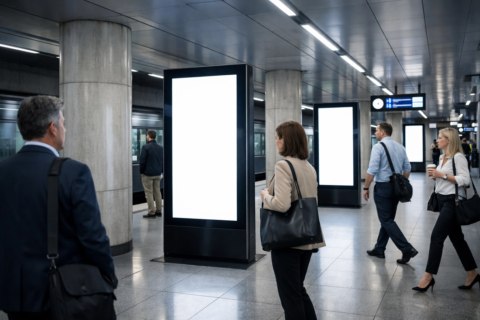 Modern transit hub with digital advertising kiosks providing daily news updates to commuters.