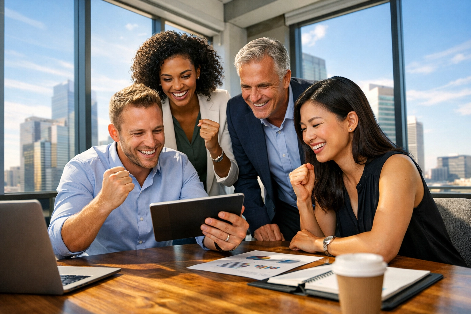 A professional business team collaborating on an effective and successful 2026 media strategy.