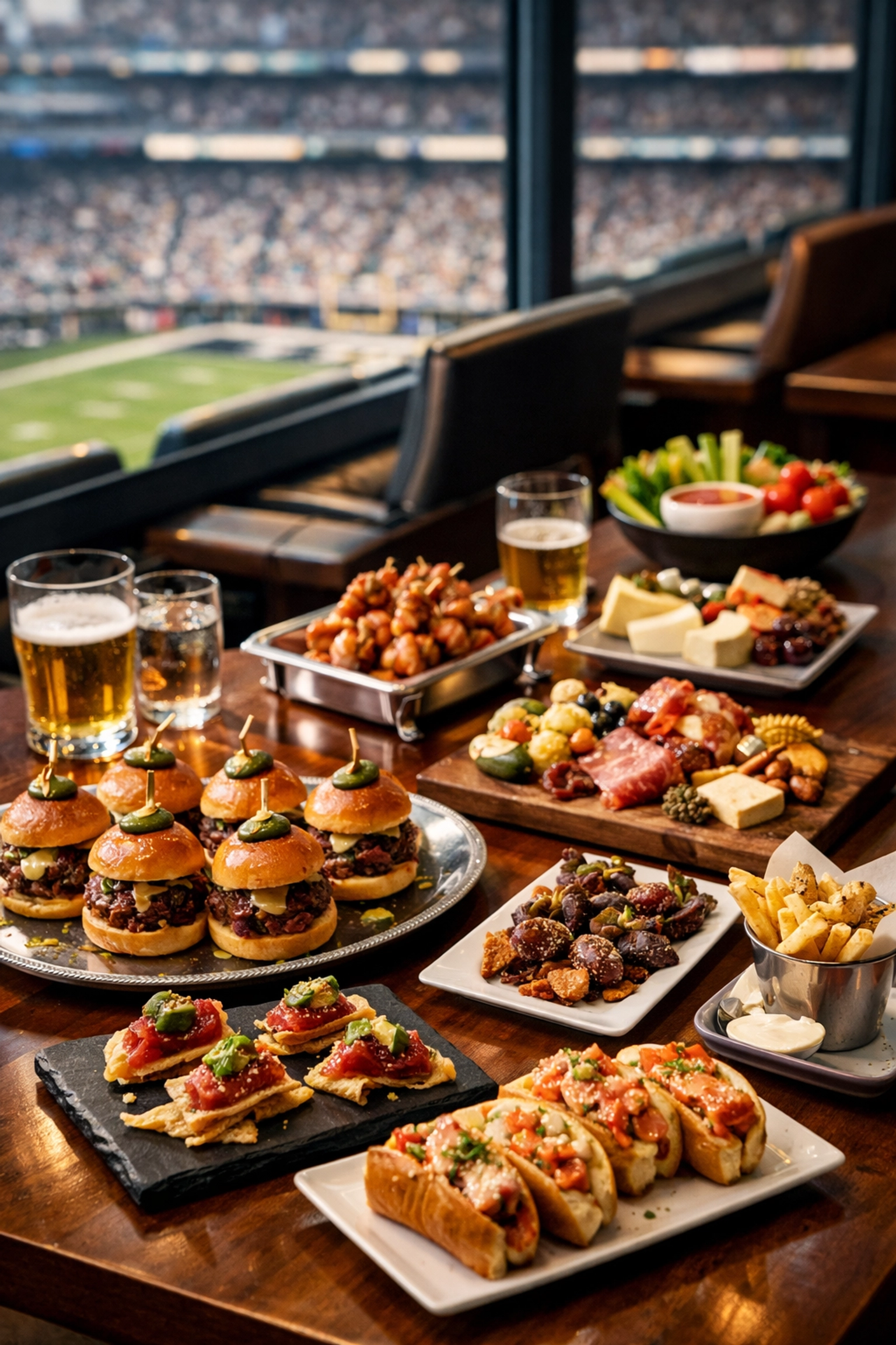 Gourmet catering display in luxury Super Bowl suite with premium appetizers and fine dining