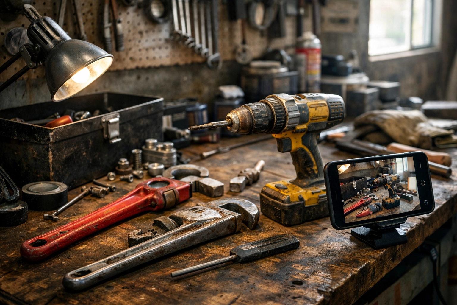 Workshop tools and smartphone recording a video verification for a local business.