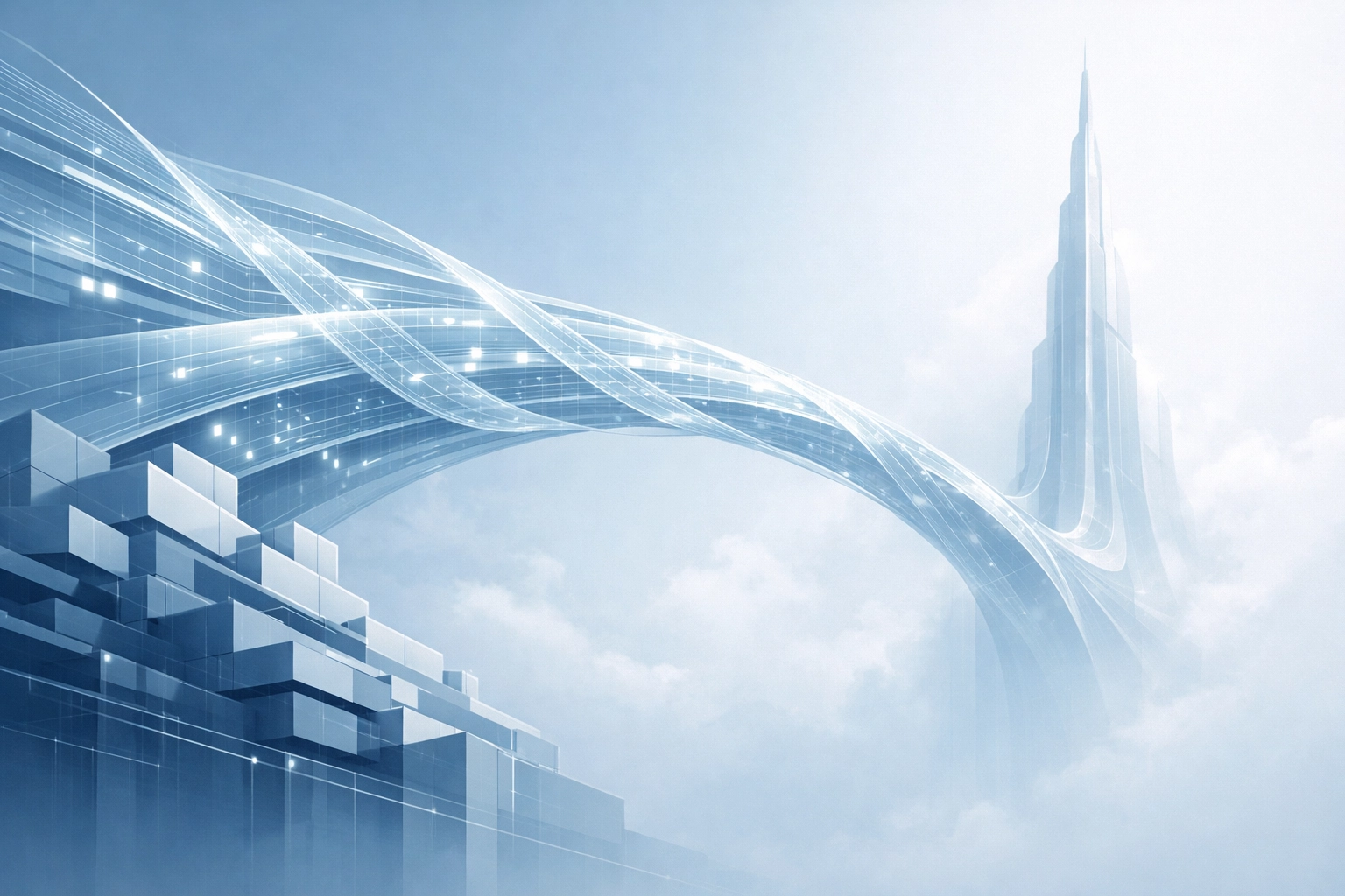 A digital bridge symbolizing a custom software roadmap connecting business operations to future growth.