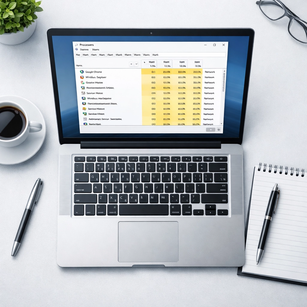 Task Manager open on laptop showing processes to troubleshoot Outlook freezing issues