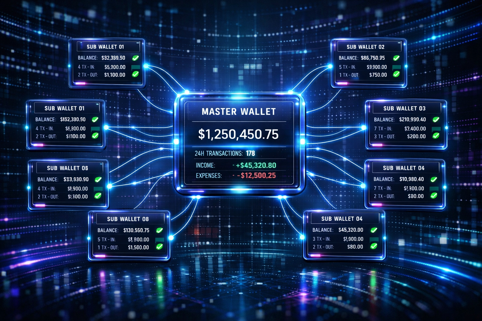 Master wallet dashboard connecting multiple sub-wallets for enterprise crypto payments