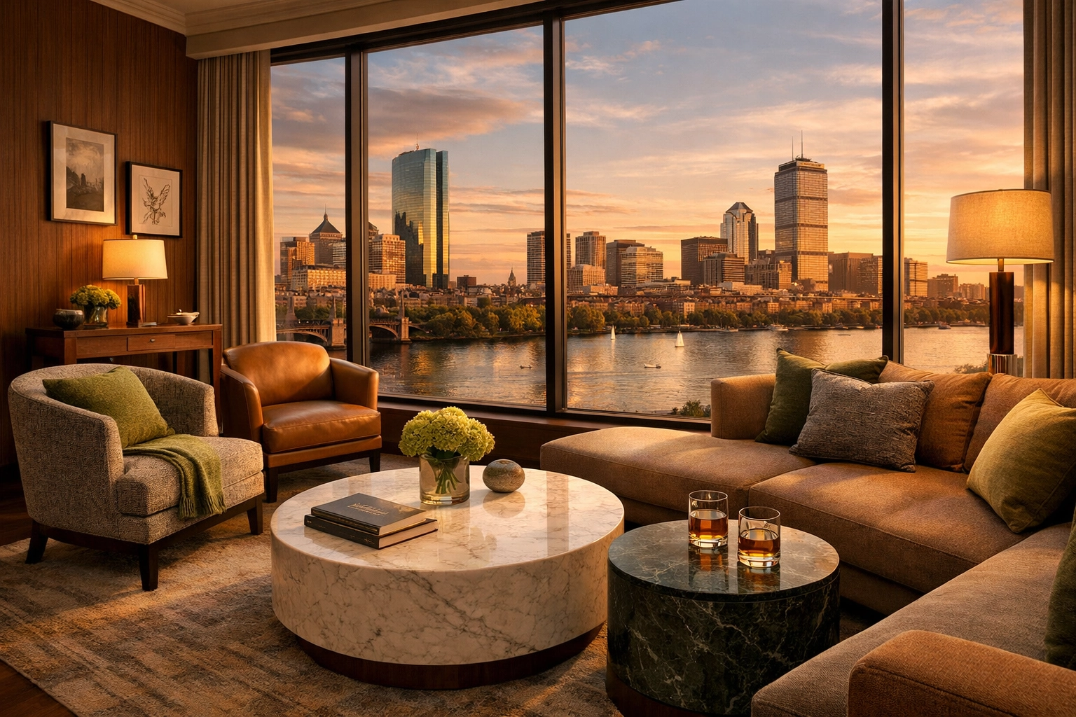 Luxury suite at The Atlas Hotel featuring Charles River and Boston skyline views at golden hour
