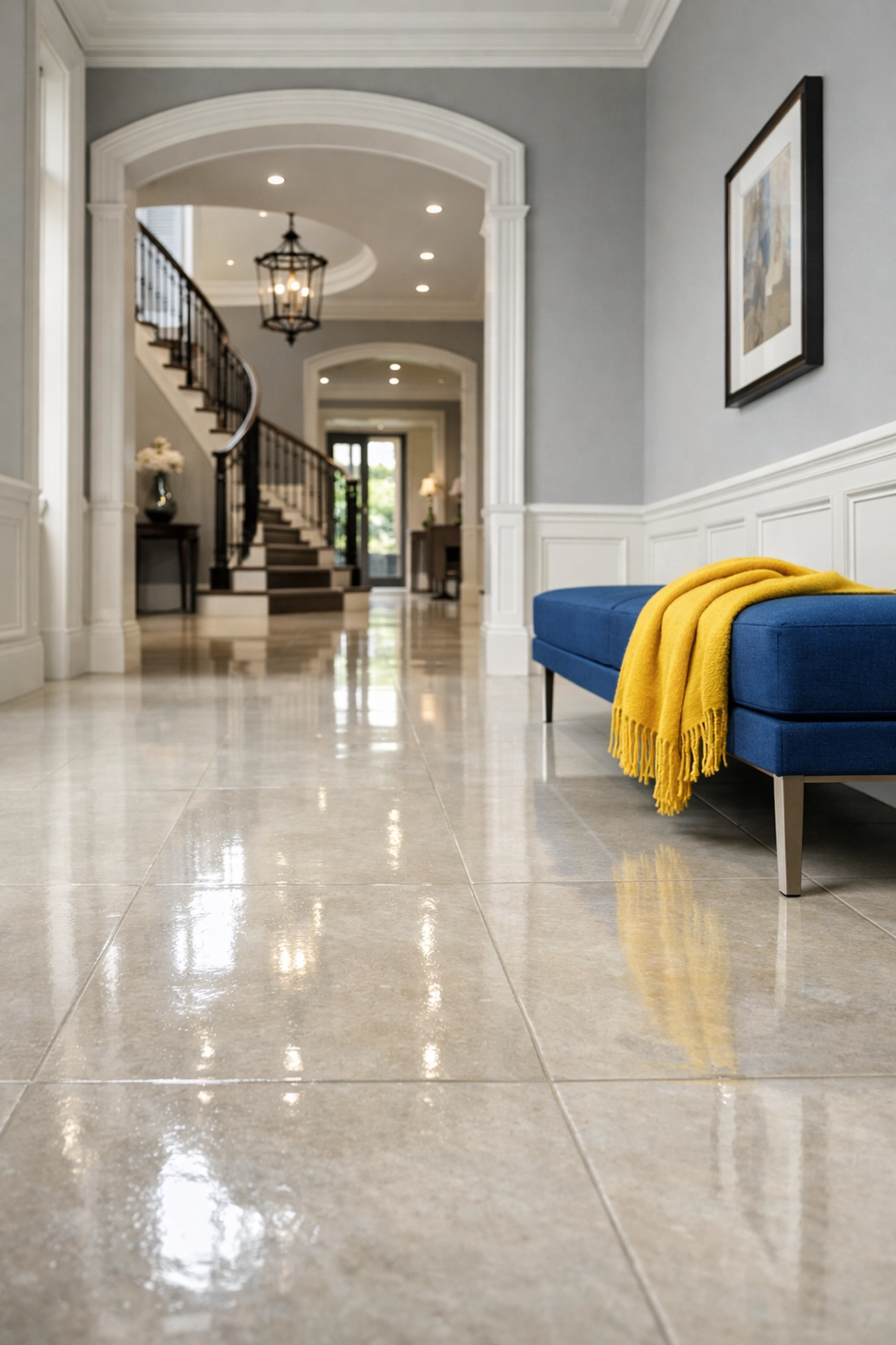 Immaculate entryway and shining stone floors in a Worcester home after professional cleaning.