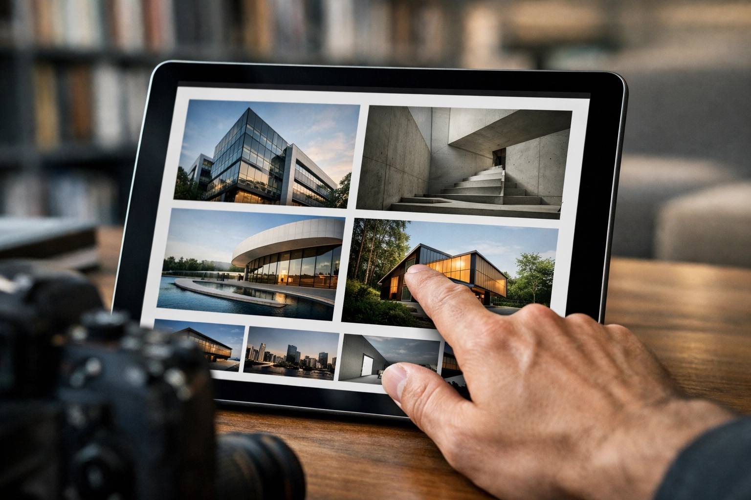 Close-up of a photographer's portfolio on a tablet used for the Proshoot.io marketplace.