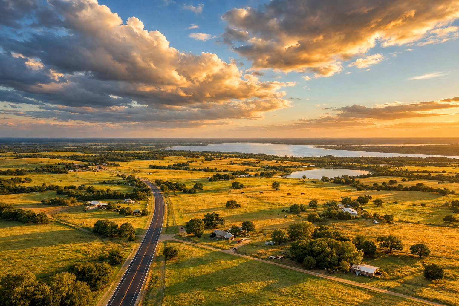 Aerial view of undeveloped ranch land between Gunter and Tioga near Lake Ray Roberts in Grayson County