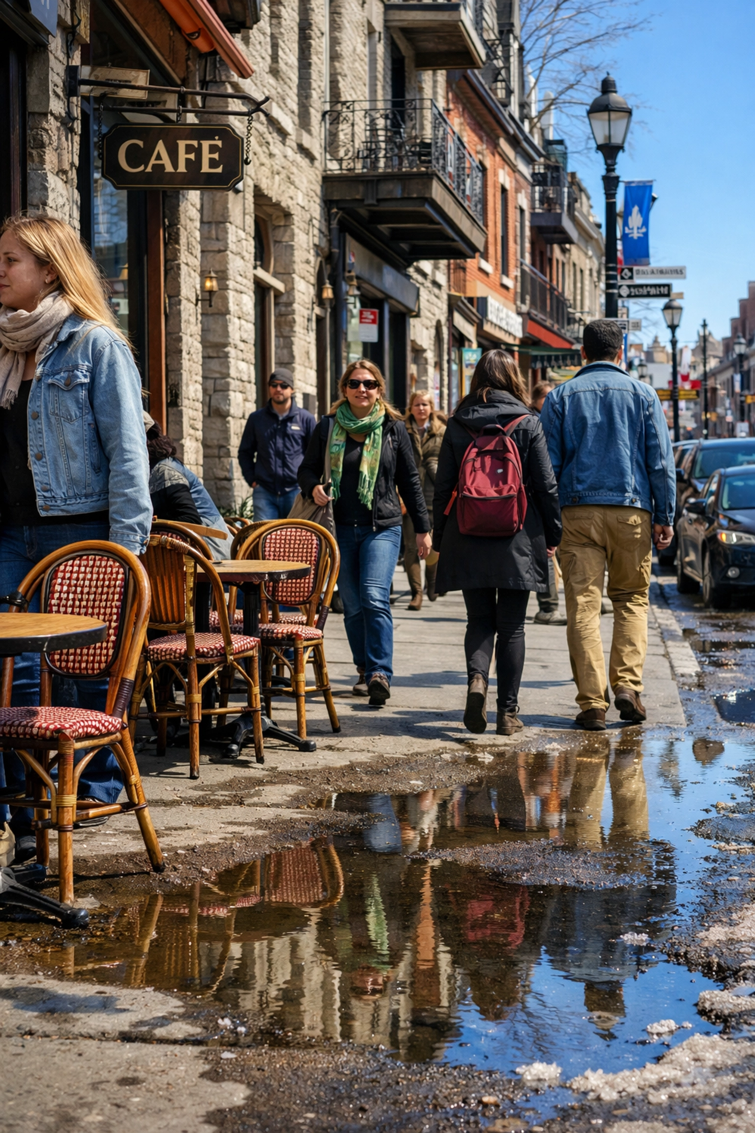 Pedestrians walking through Montreal's Plateau neighborhood during a sunny spring afternoon.