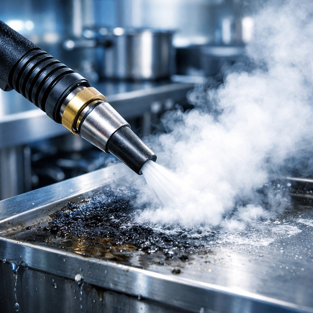 Industrial steam cleaner removing grease from a professional stainless steel kitchen range.