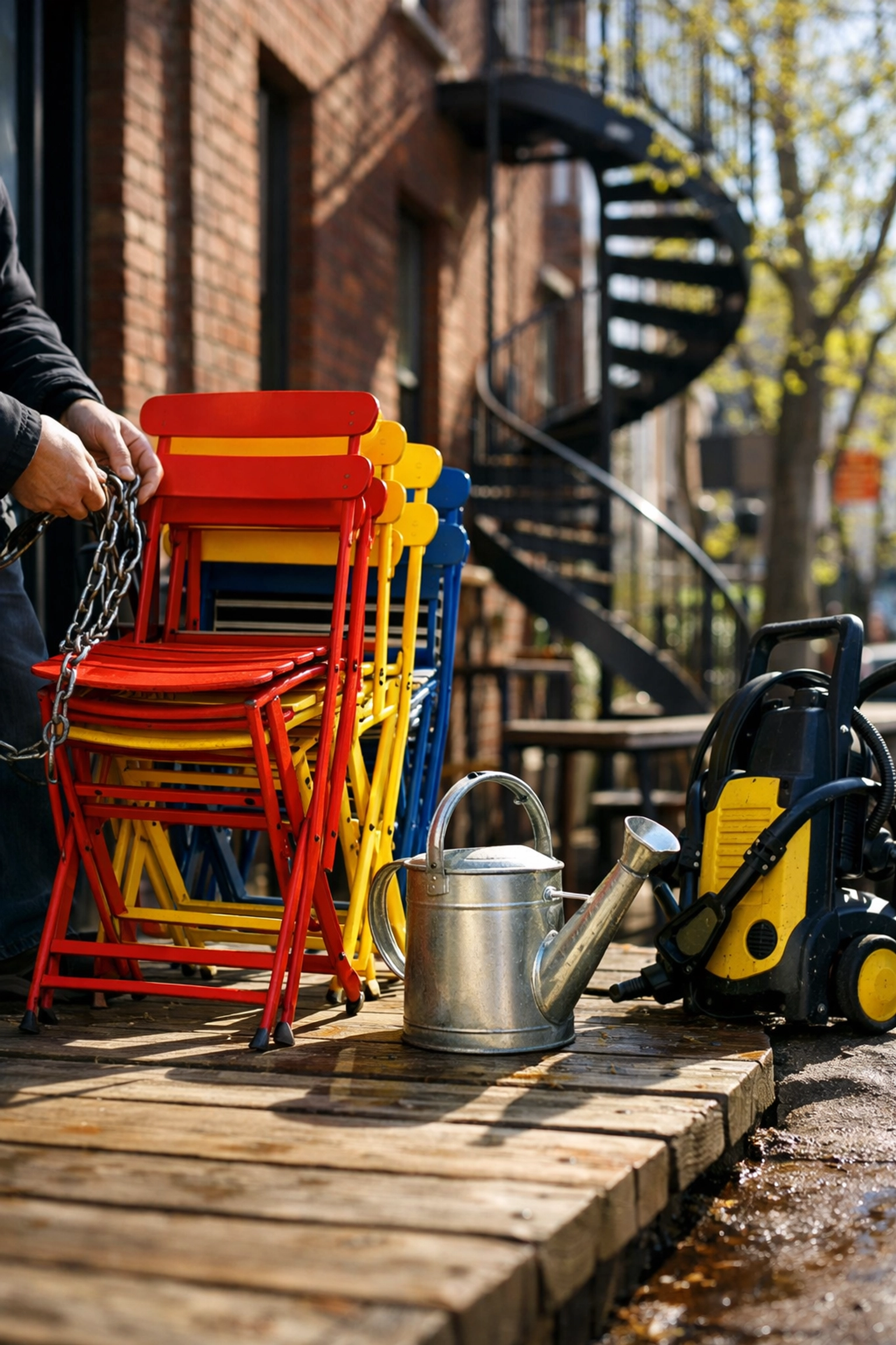 Setting up colorful bistro chairs on a Montreal terrasse in the Plateau neighborhood.