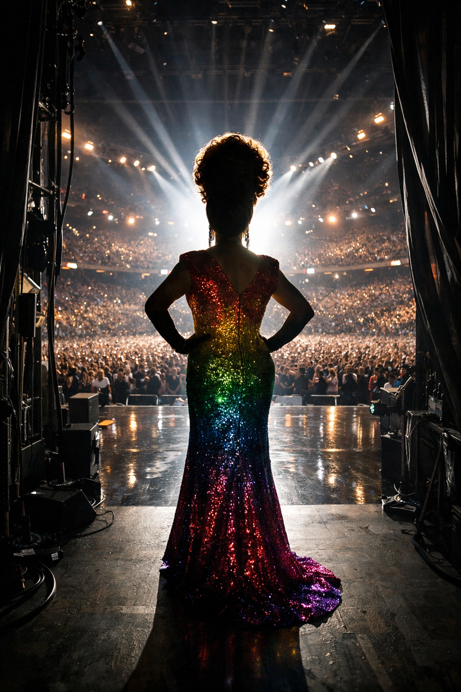 Drag performer in rainbow sequined gown waiting in stage wings before Eurovision performance