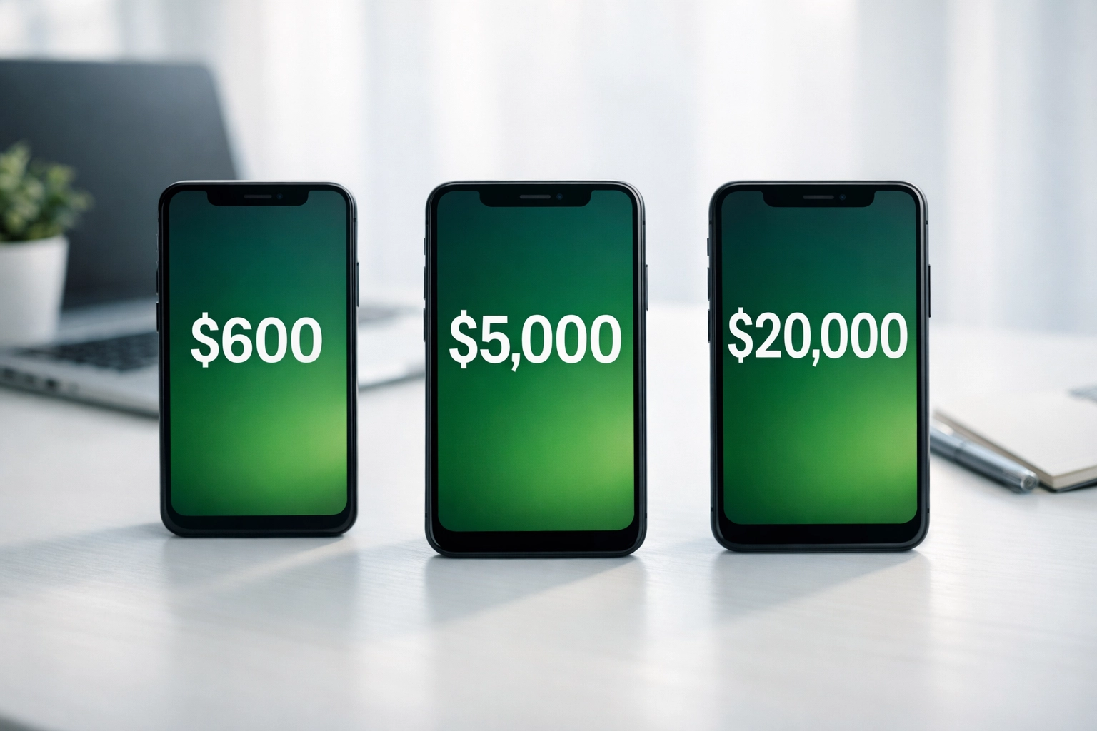 Three smartphones displaying 1099-K threshold amounts: $600, $5,000, and $20,000 for gig workers